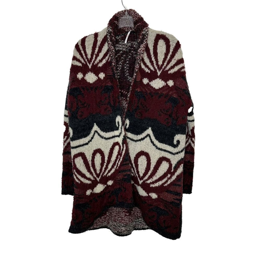 Free People Winter's Day Cardigan Berry Combo Small Wool Gray Burgundy Sweater
